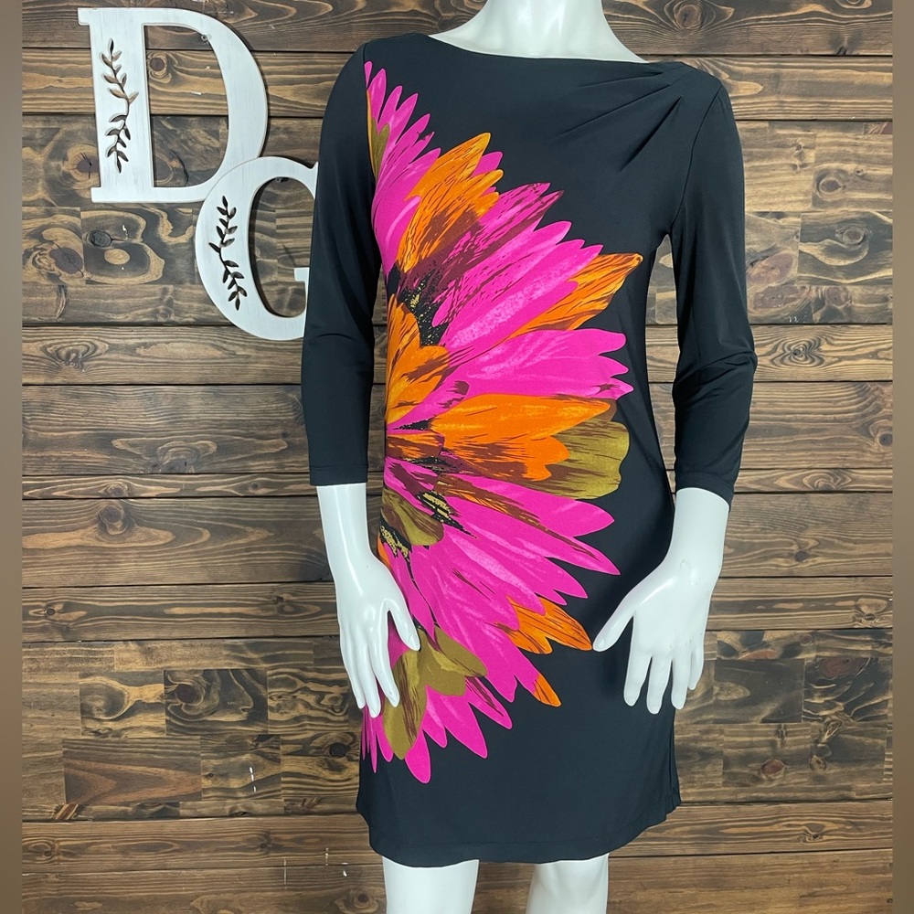 Maggy London | Long Sleeve Jersey‎ Knit Dress Vibrant Multicolor Flower Floral